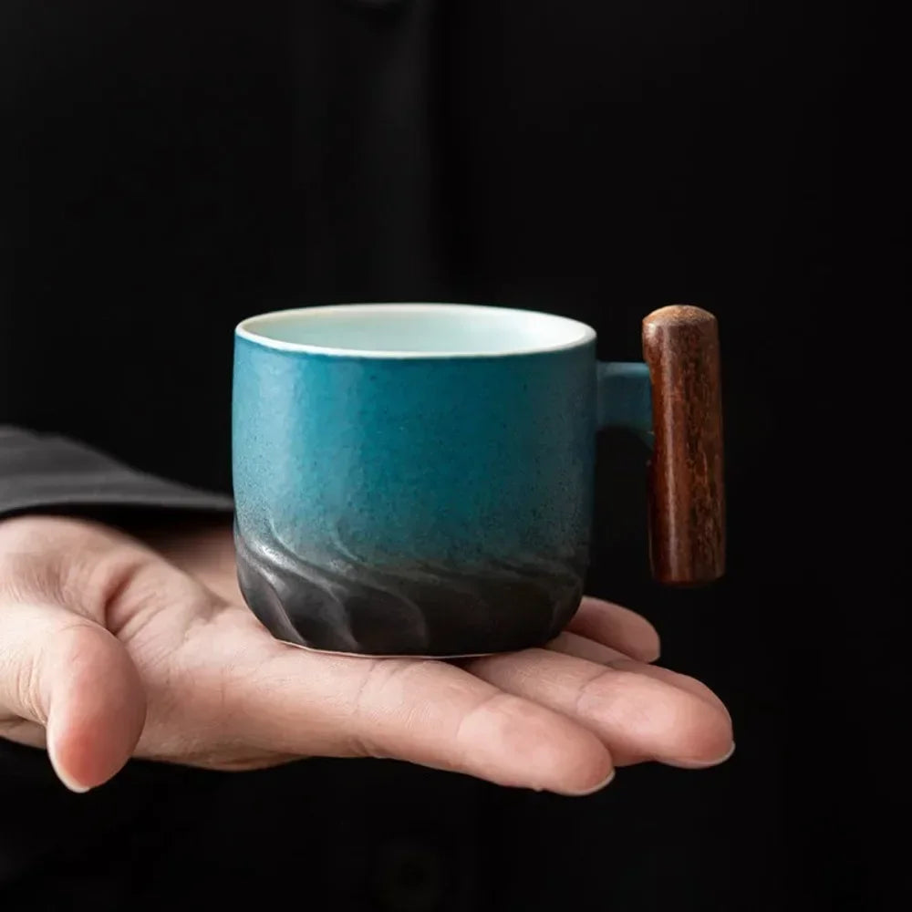 80ml Handmade Ceramic Coffee Cup – Retro Tea of Coffee Mug with Wooden Handle