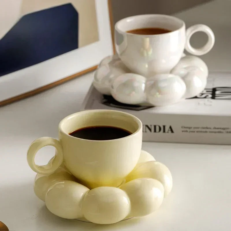 Aesthetic Sunflower Ceramic Coffee Mug with Saucer – Cute Cloud Cup for Tea & Office