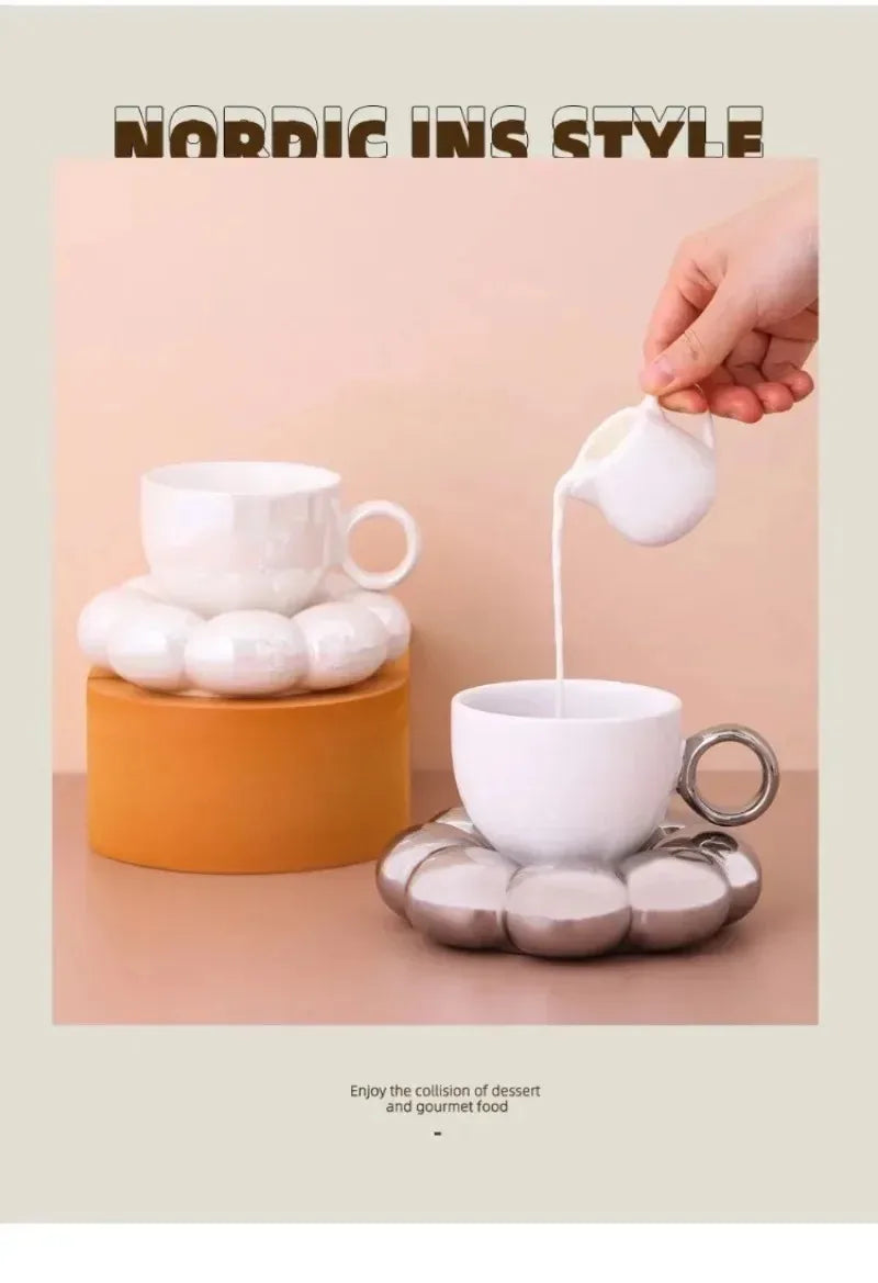 Aesthetic Sunflower Ceramic Coffee Mug with Saucer – Cute Cloud Cup for Tea & Office