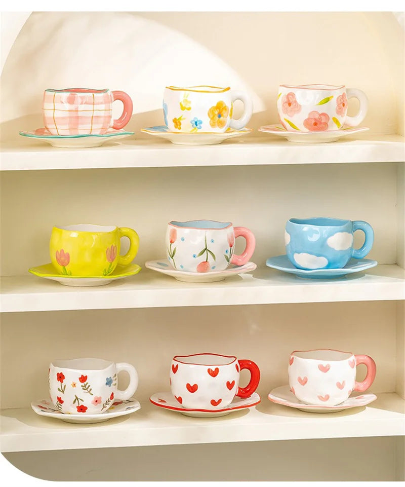 300ml Cute Ceramic Mug – Hand-Pinched Heart & Flower Pattern Coffee & Tea Cup