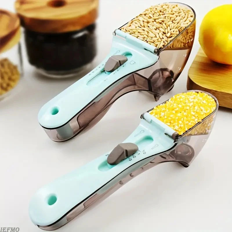 Adjustable Plastic Measuring Cup and Spoon with Handle for Dry and Liquid Kitchen Use