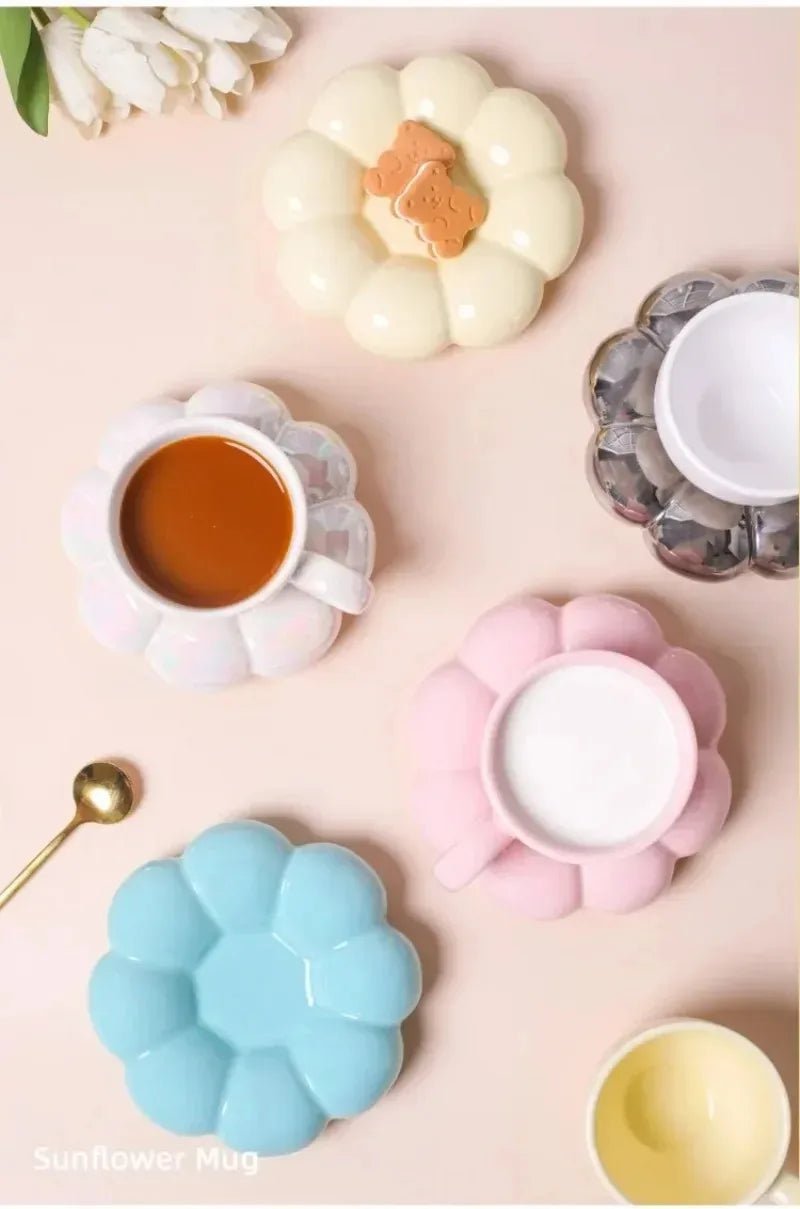 Aesthetic Sunflower Ceramic Coffee Mug with Saucer – Cute Cloud Cup for Tea & Office