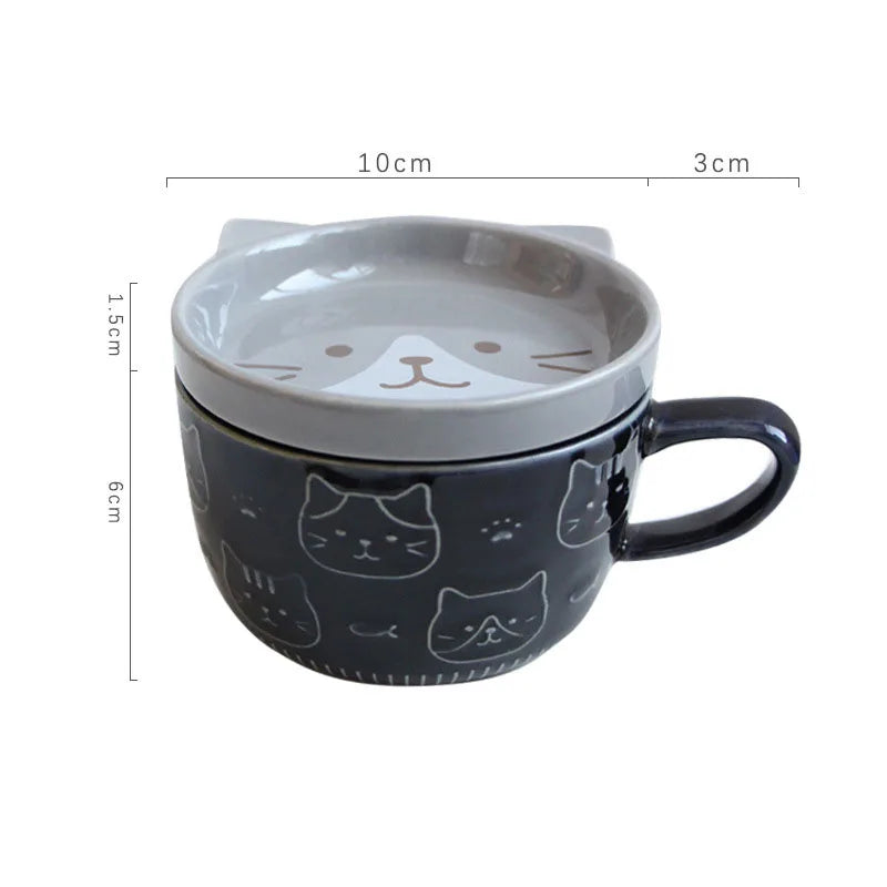 Ceramic Animal Face Coffee Mug – 300ml Cup with Lid & Dish for Breakfast, Tea or Gifting