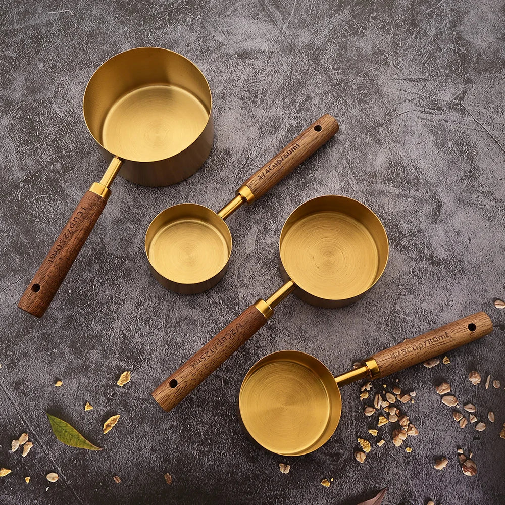 Gold Stainless Steel Measuring Cups and Spoons Set – Wooden Handle Baking and Coffee Tools