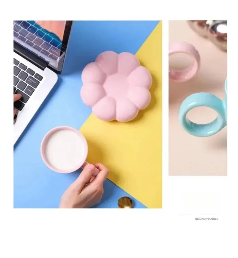 Aesthetic Sunflower Ceramic Coffee Mug with Saucer – Cute Cloud Cup for Tea & Office