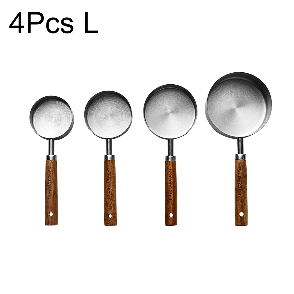 Gold Stainless Steel Measuring Cups and Spoons Set – Wooden Handle Baking and Coffee Tools