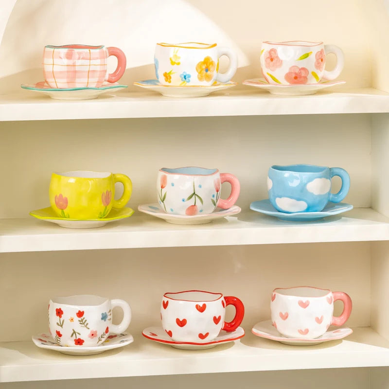 300ml Cute Ceramic Mug – Hand-Pinched Heart & Flower Pattern Coffee & Tea Cup