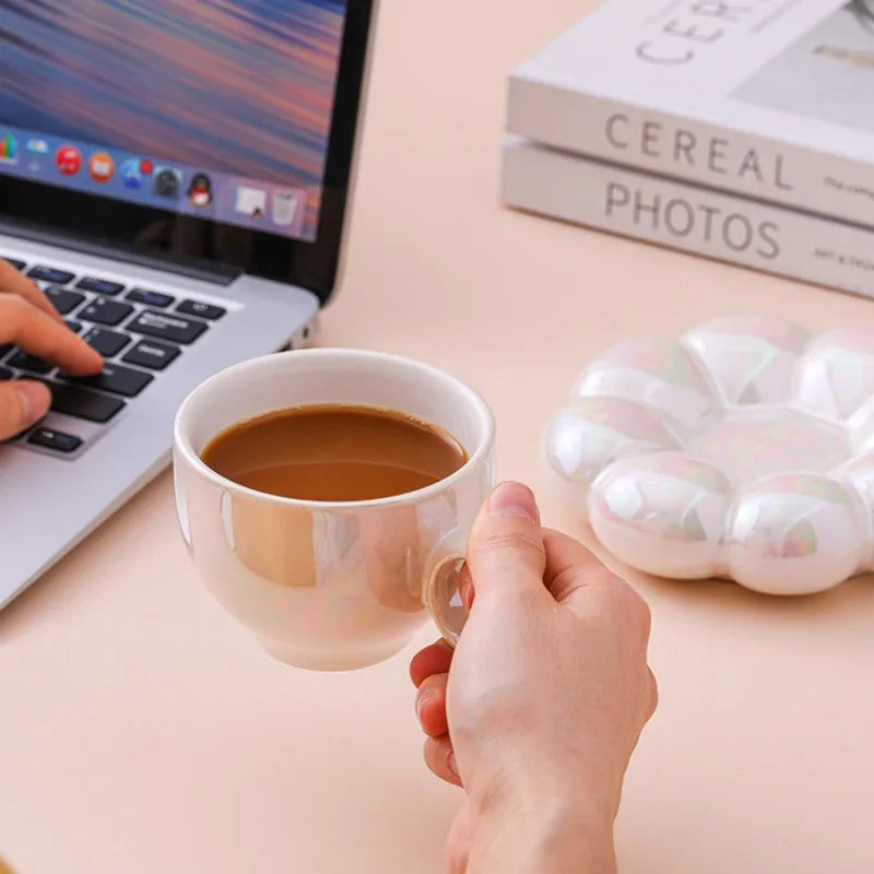 Aesthetic Sunflower Ceramic Coffee Mug with Saucer – Cute Cloud Cup for Tea & Office