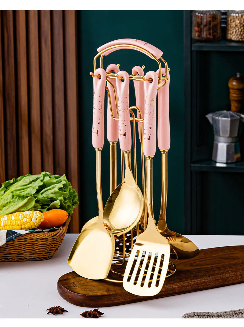 7-Piece Stainless Steel Kitchen Utensil Set with Ceramic Handles – Nordic Style