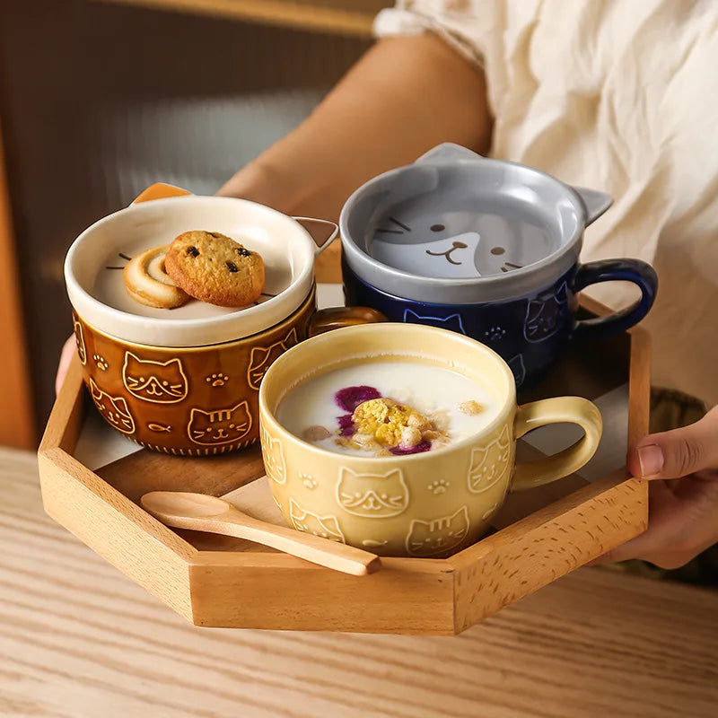 Ceramic Animal Face Coffee Mug – 300ml Cup with Lid & Dish for Breakfast, Tea or Gifting