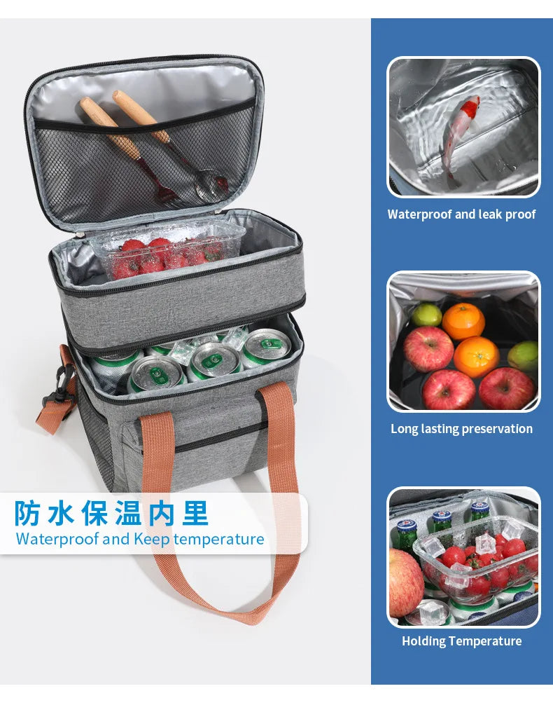 Large Double-Layer Insulated Cooler Lunch Bag – Waterproof Picnic Tote with Shoulder Strap