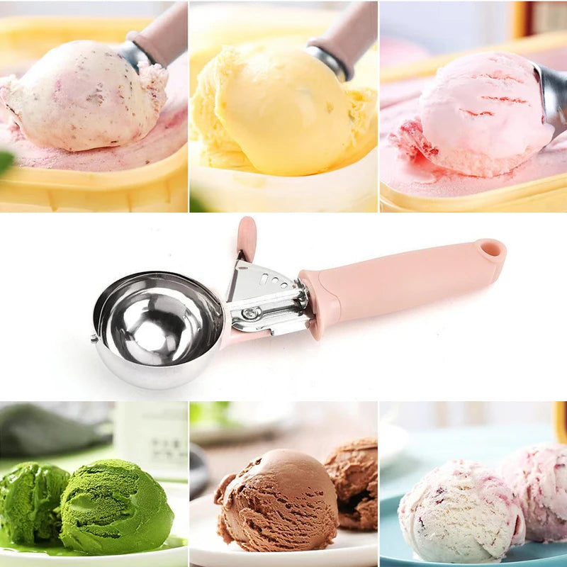 Stainless Steel Ice Cream Scooper – Pressable Fruit Spoon and Dual-Purpose Ball Scoop