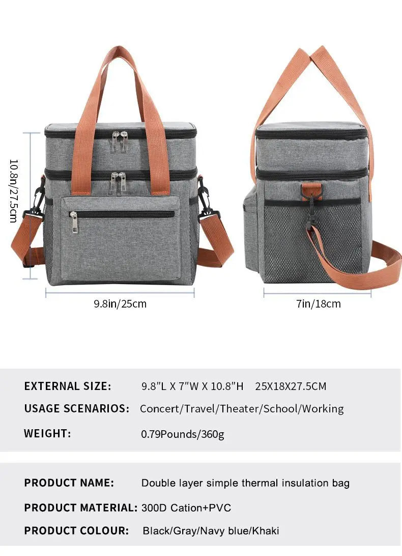 Large Double-Layer Insulated Cooler Lunch Bag – Waterproof Picnic Tote with Shoulder Strap