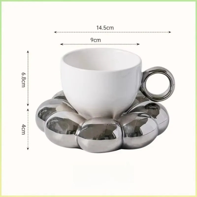 Aesthetic Sunflower Ceramic Coffee Mug with Saucer – Cute Cloud Cup for Tea & Office