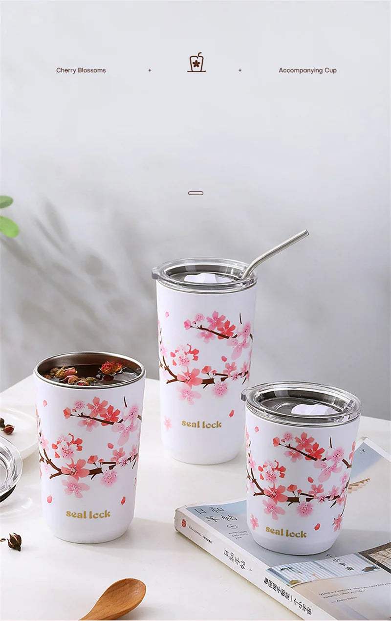 Cherry Blossom Stainless Steel Thermal Mug – Leak-Proof Travel Cup with Lid, 360–560ml