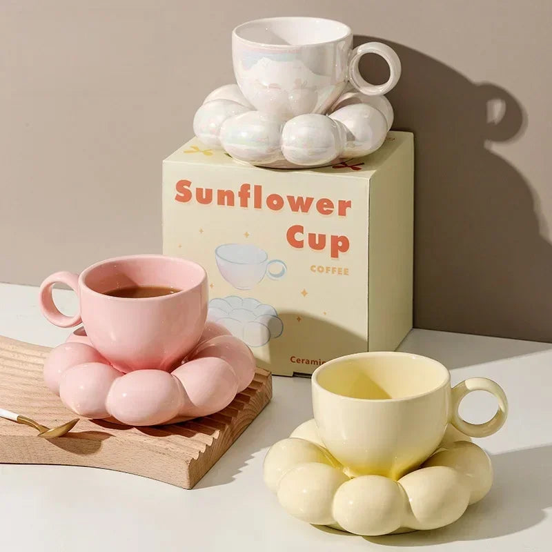 Aesthetic Sunflower Ceramic Coffee Mug with Saucer – Cute Cloud Cup for Tea & Office