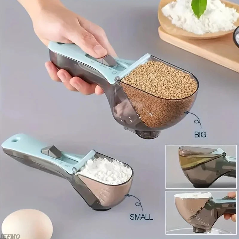 Adjustable Plastic Measuring Cup and Spoon with Handle for Dry and Liquid Kitchen Use