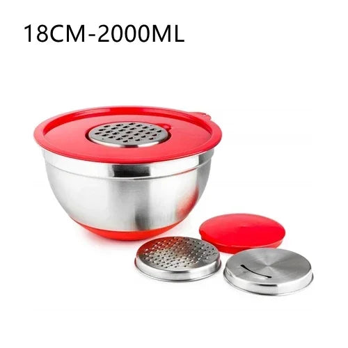 Stainless Steel Mixing Bowl with Lid and Grater – Non-Slip Silicone Base Kitchen Essential