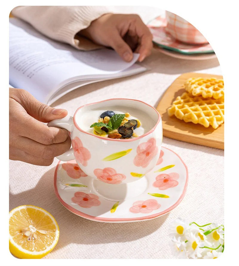 300ml Cute Ceramic Mug – Hand-Pinched Heart & Flower Pattern Coffee & Tea Cup