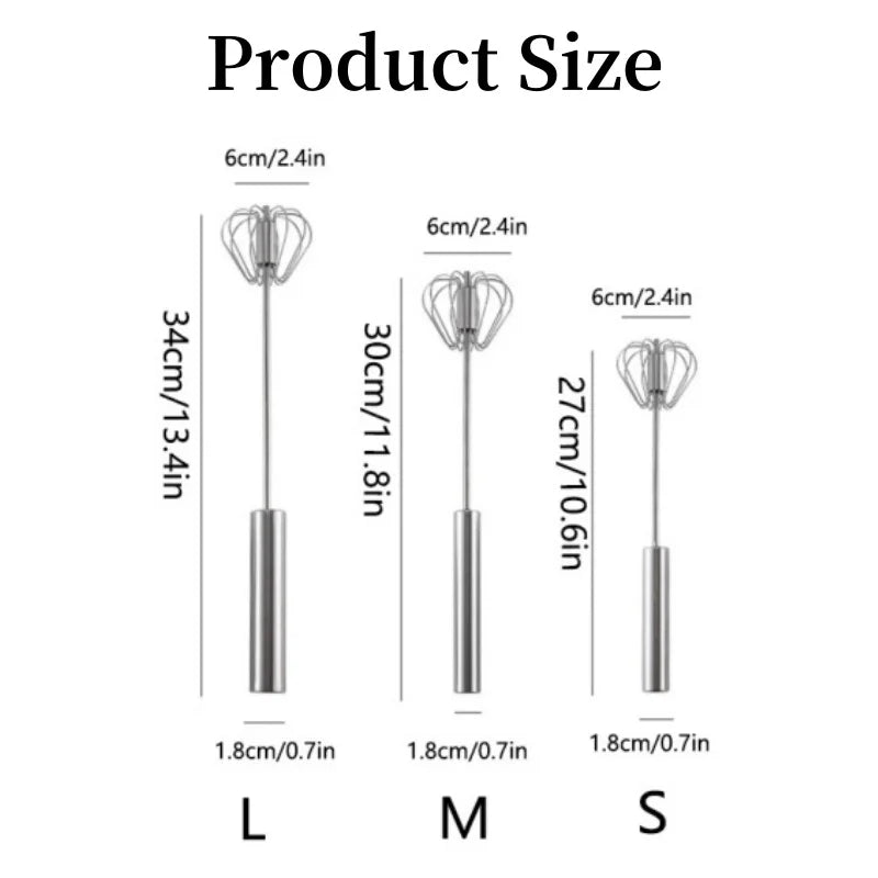 Semi-Automatic Stainless Steel Egg Beater – Self-Turning Hand Whisk Kitchen Tool