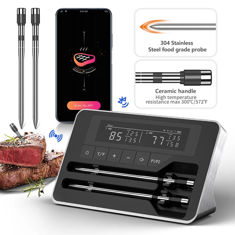 Wireless Meat Thermometer – Bluetooth Digital Probe with App & LCD for Oven, BBQ & Smoker