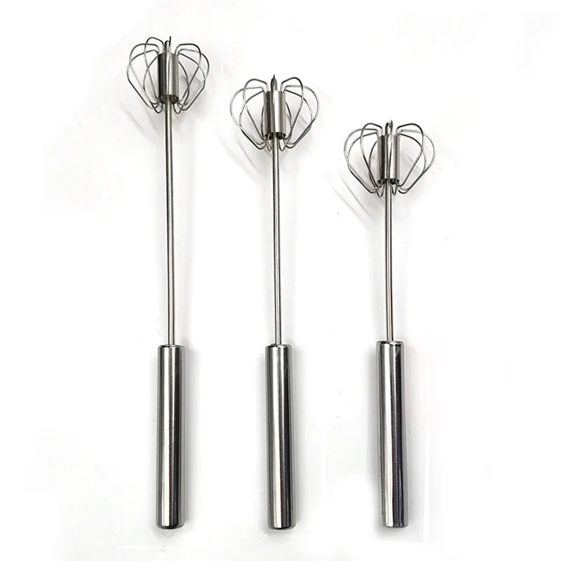 Semi-Automatic Stainless Steel Egg Beater – Self-Turning Hand Whisk Kitchen Tool