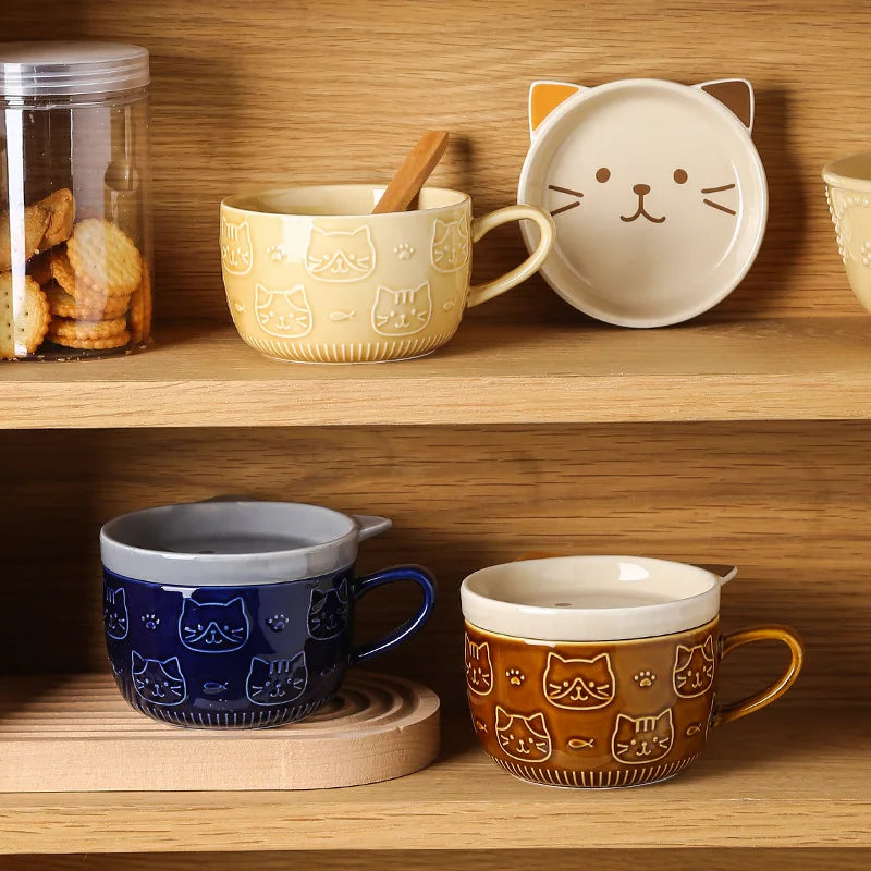 Ceramic Animal Face Coffee Mug – 300ml Cup with Lid & Dish for Breakfast, Tea or Gifting