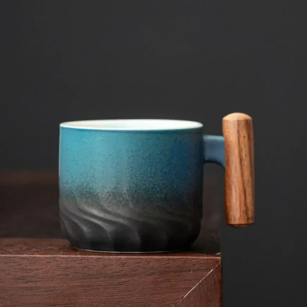 80ml Handmade Ceramic Coffee Cup – Retro Tea of Coffee Mug with Wooden Handle