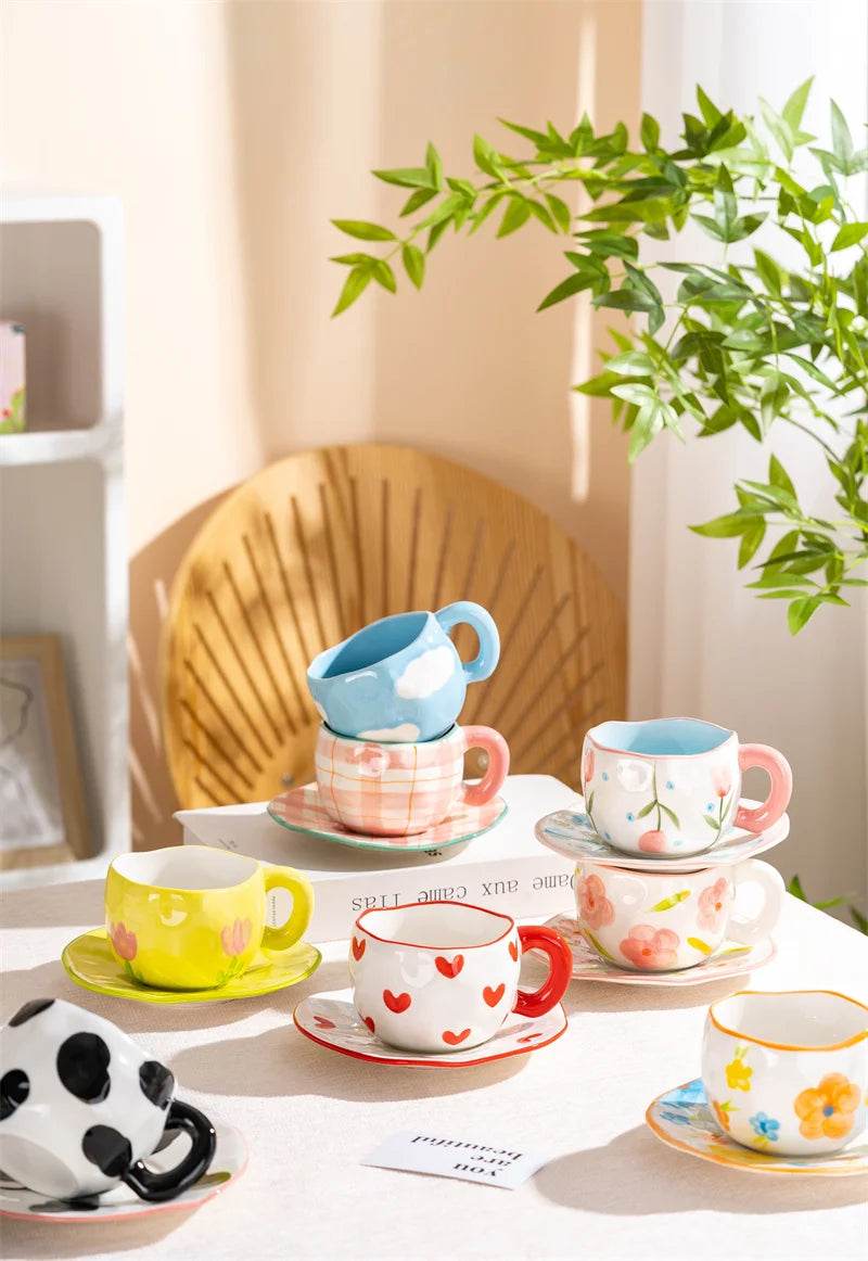 300ml Cute Ceramic Mug – Hand-Pinched Heart & Flower Pattern Coffee & Tea Cup