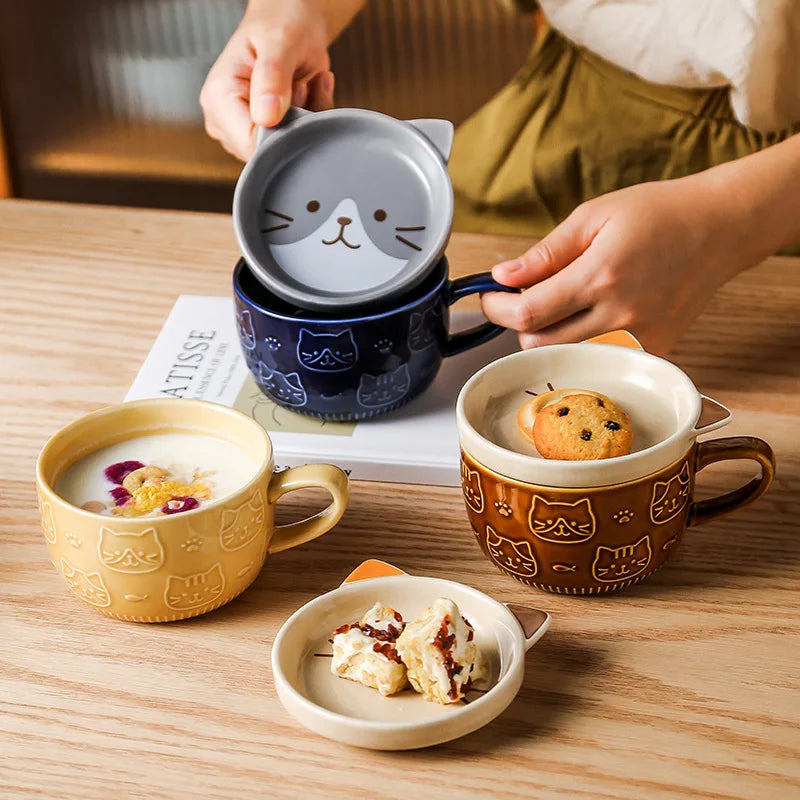 Ceramic Animal Face Coffee Mug – 300ml Cup with Lid & Dish for Breakfast, Tea or Gifting