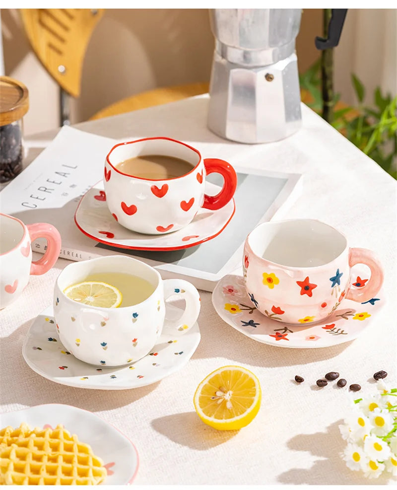 300ml Cute Ceramic Mug – Hand-Pinched Heart & Flower Pattern Coffee & Tea Cup