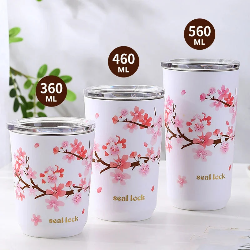Cherry Blossom Stainless Steel Thermal Mug – Leak-Proof Travel Cup with Lid, 360–560ml