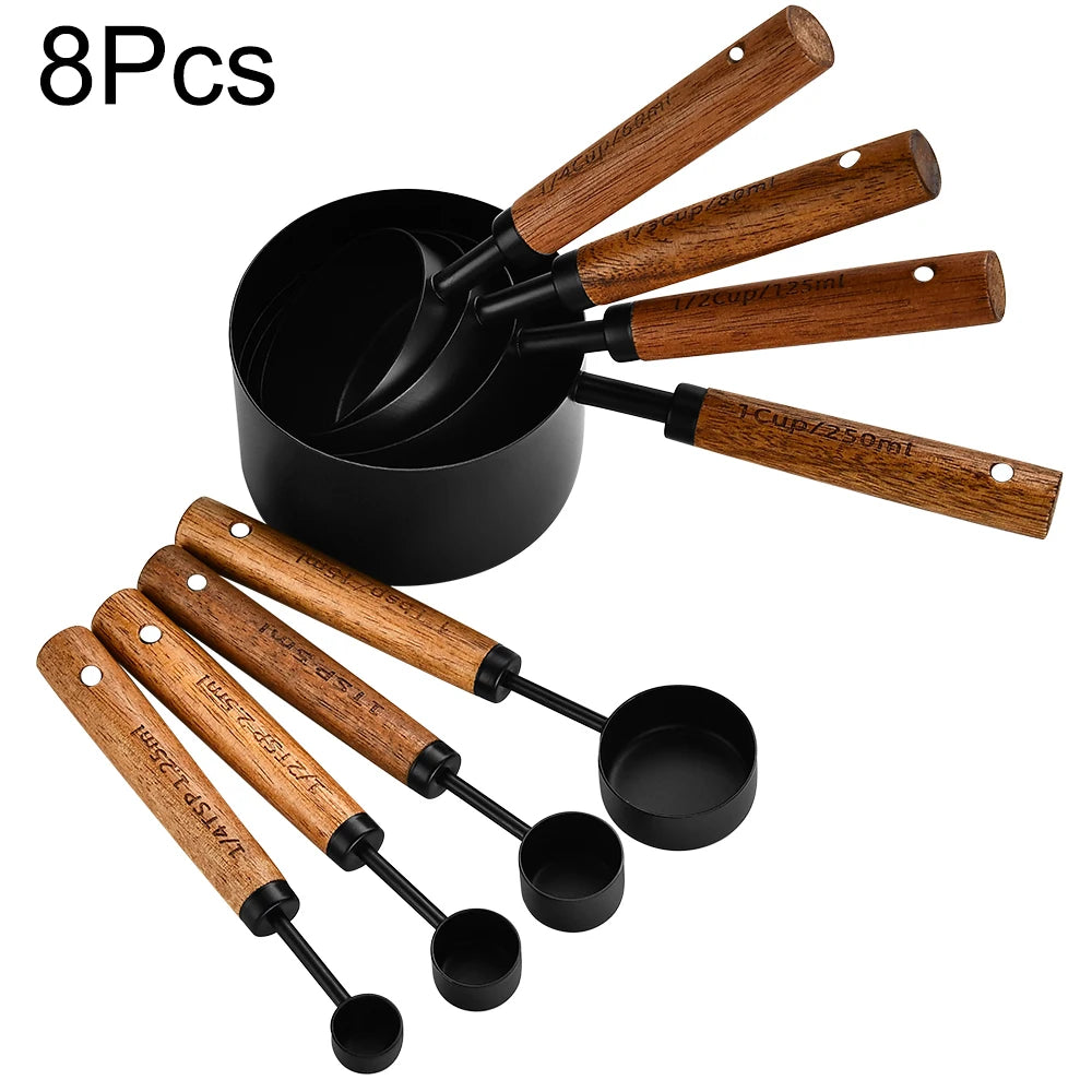 Gold Stainless Steel Measuring Cups and Spoons Set – Wooden Handle Baking and Coffee Tools
