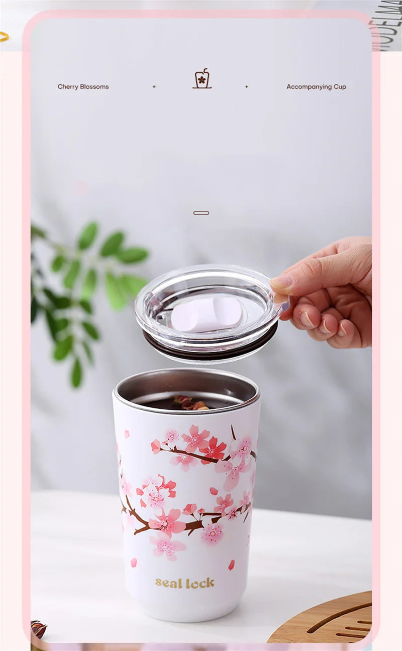 Cherry Blossom Stainless Steel Thermal Mug – Leak-Proof Travel Cup with Lid, 360–560ml
