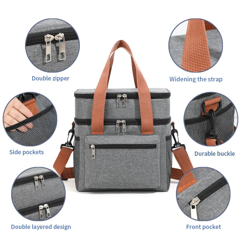 Large Double-Layer Insulated Cooler Lunch Bag – Waterproof Picnic Tote with Shoulder Strap