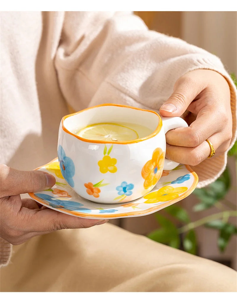 300ml Cute Ceramic Mug – Hand-Pinched Heart & Flower Pattern Coffee & Tea Cup