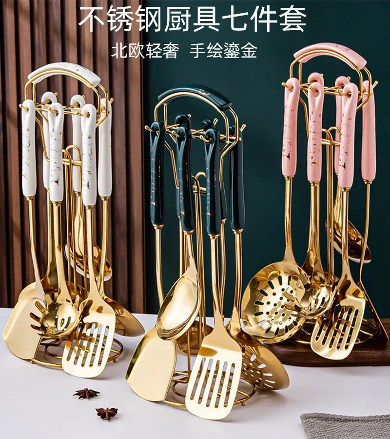 7-Piece Stainless Steel Kitchen Utensil Set with Ceramic Handles – Nordic Style