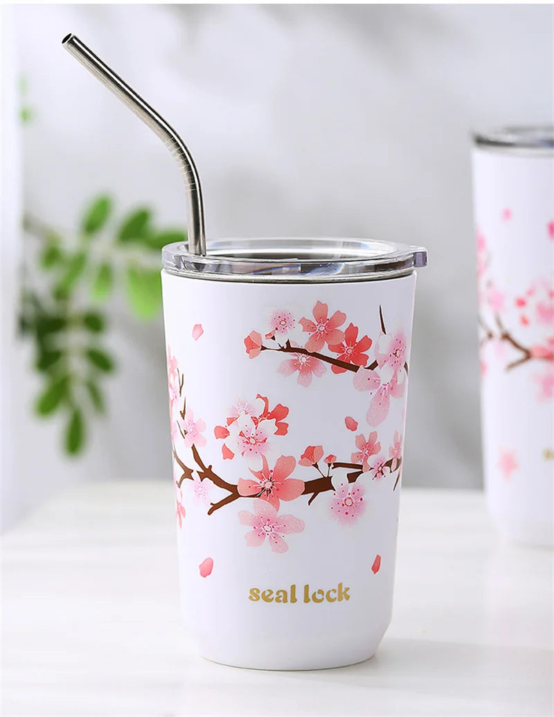 Cherry Blossom Stainless Steel Thermal Mug – Leak-Proof Travel Cup with Lid, 360–560ml
