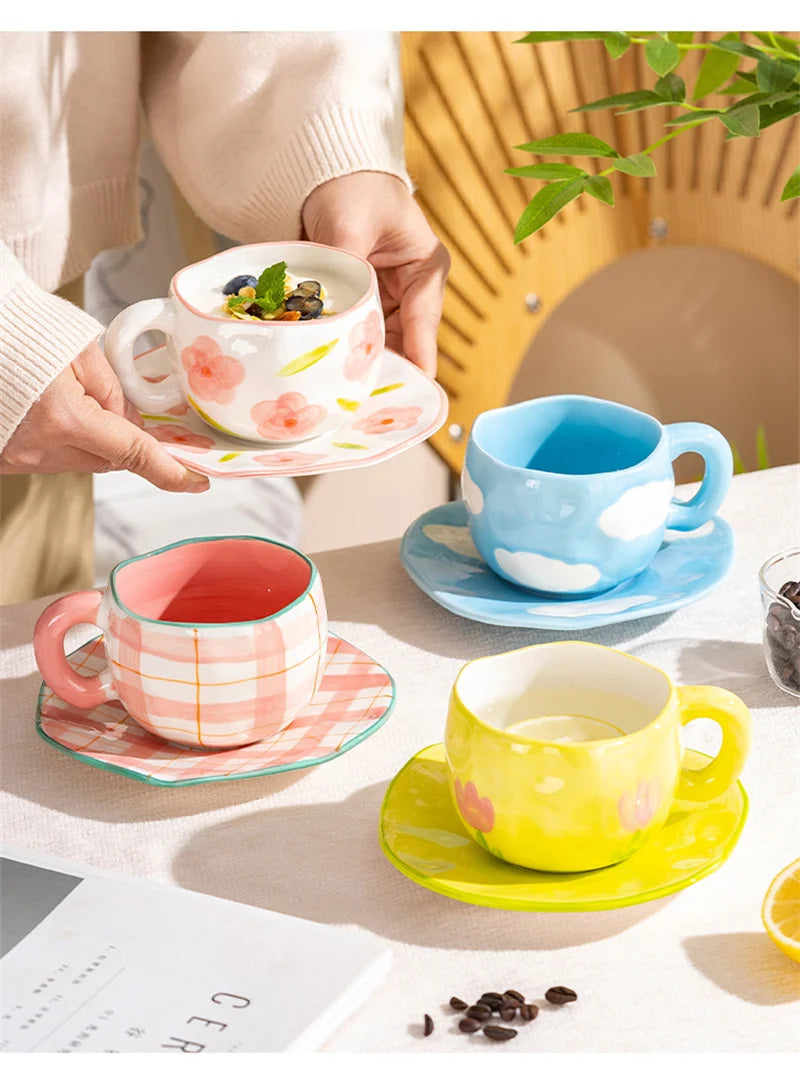 300ml Cute Ceramic Mug – Hand-Pinched Heart & Flower Pattern Coffee & Tea Cup