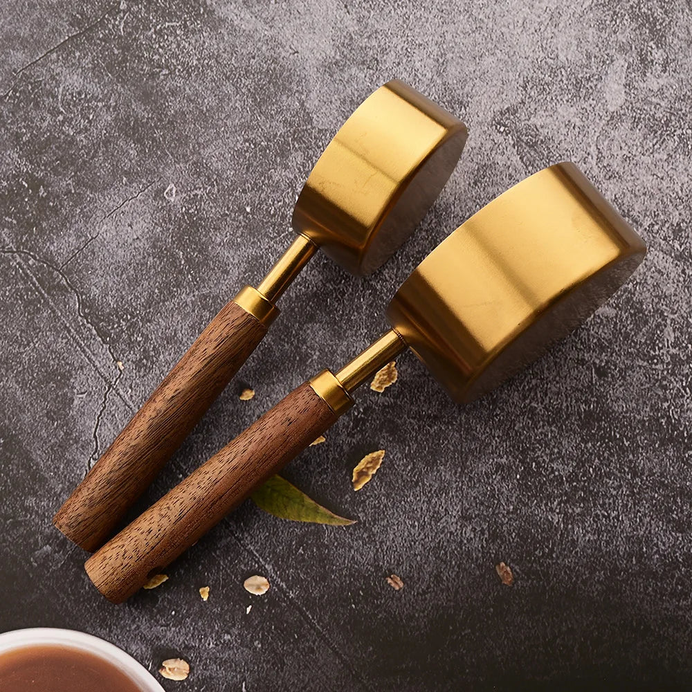 Gold Stainless Steel Measuring Cups and Spoons Set – Wooden Handle Baking and Coffee Tools