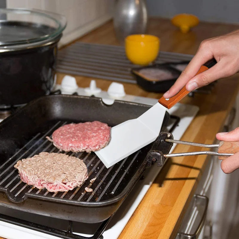 Stainless Steel Cooking Spatula – Square Head BBQ Turner with Wooden Handle for Grill & Kitchen