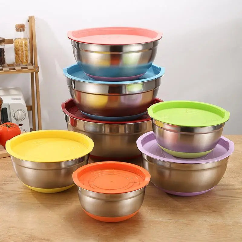 Stainless Steel Salad Mixing Bowl with Lid and Non-Slip Silicone Base – Various Sizes Available