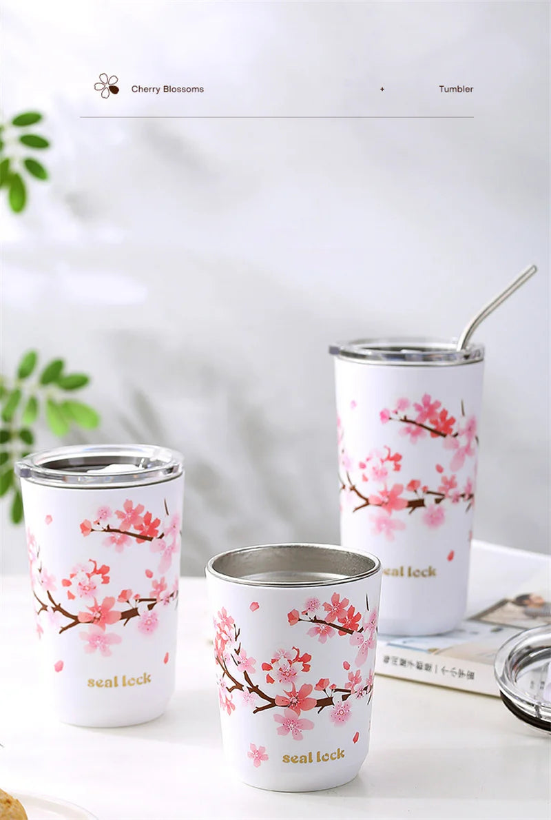 Cherry Blossom Stainless Steel Thermal Mug – Leak-Proof Travel Cup with Lid, 360–560ml