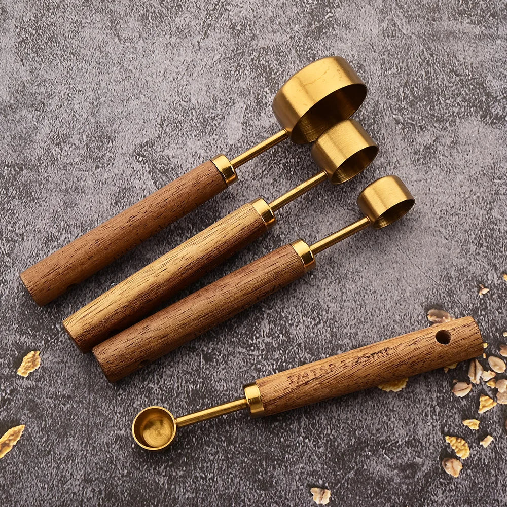 Gold Stainless Steel Measuring Cups and Spoons Set – Wooden Handle Baking and Coffee Tools