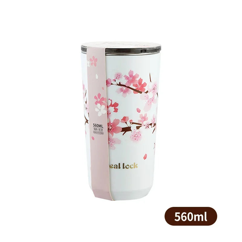 Cherry Blossom Stainless Steel Thermal Mug – Leak-Proof Travel Cup with Lid, 360–560ml