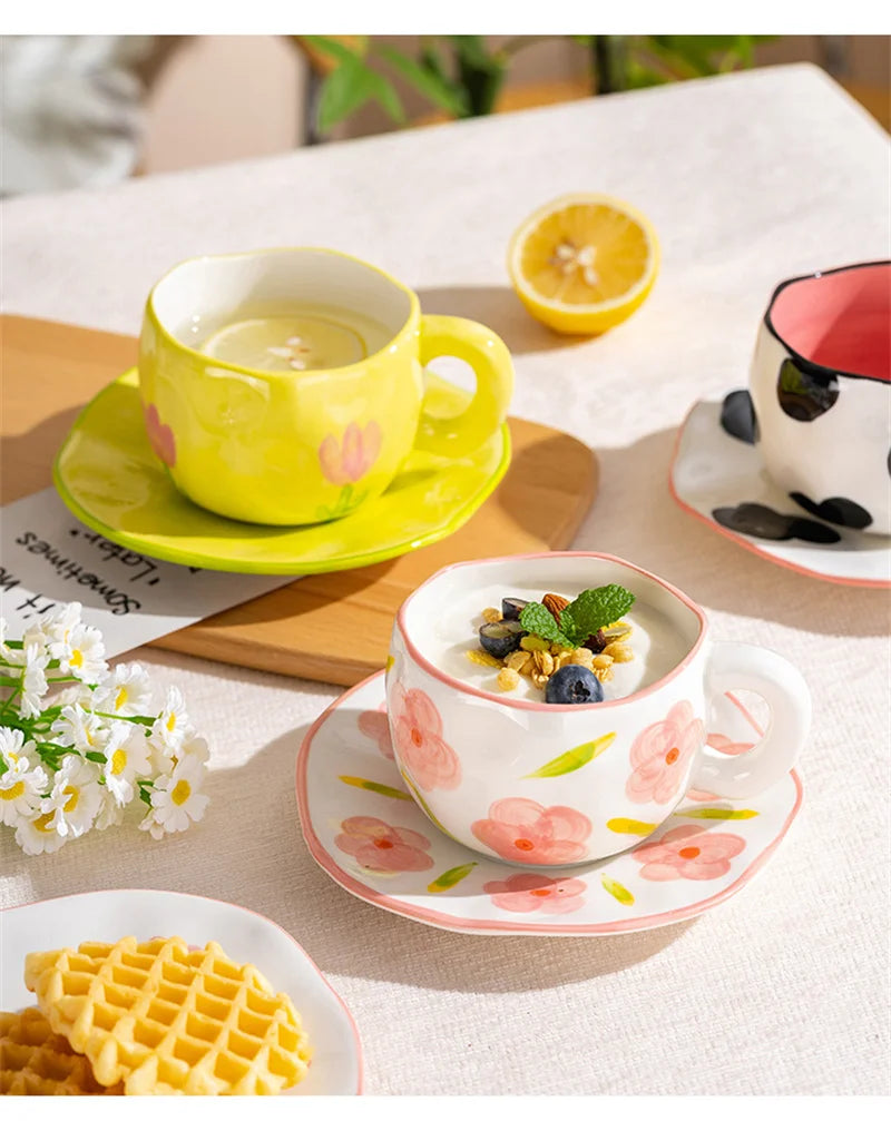 300ml Cute Ceramic Mug – Hand-Pinched Heart & Flower Pattern Coffee & Tea Cup