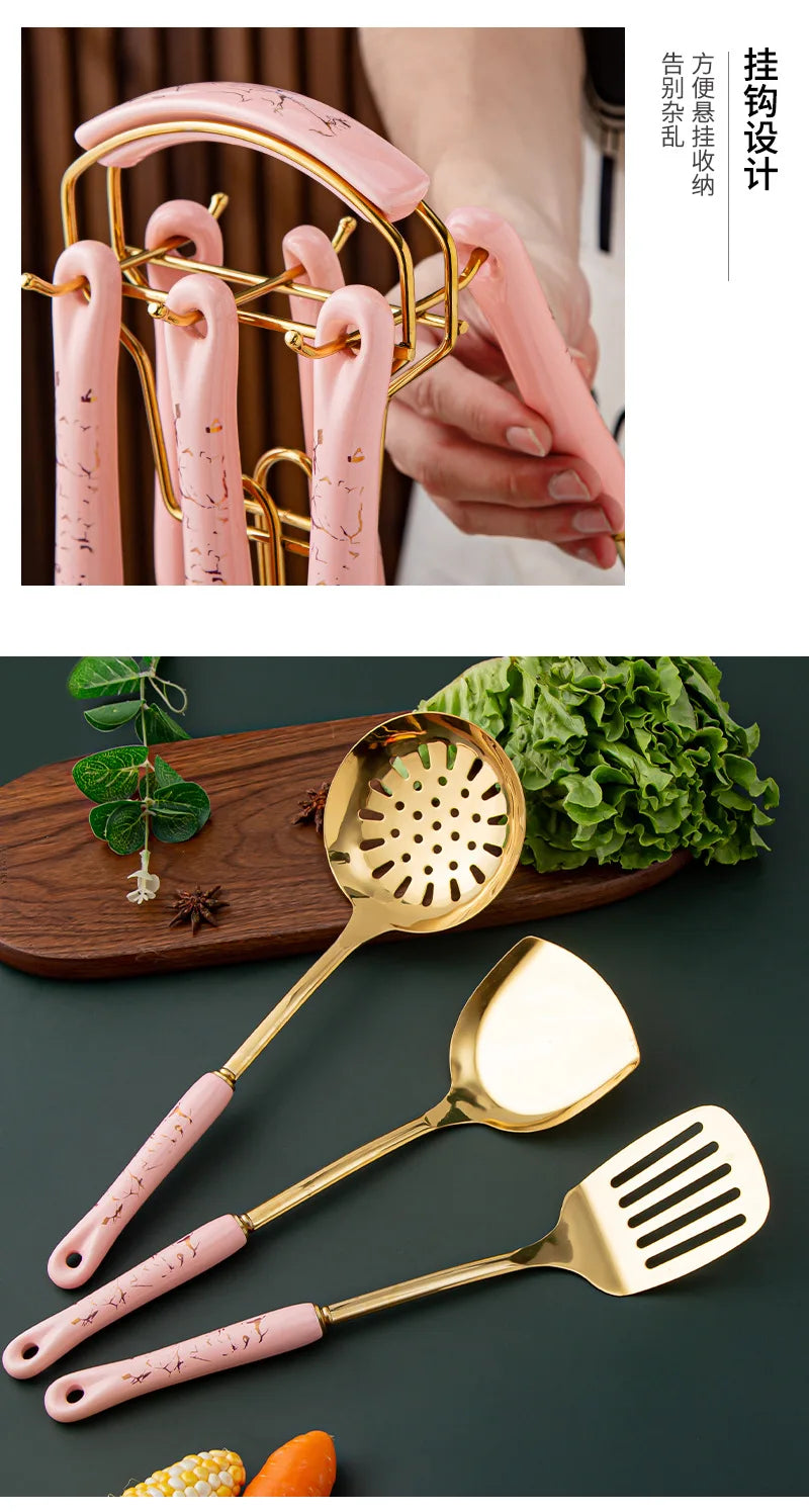 7-Piece Stainless Steel Kitchen Utensil Set with Ceramic Handles – Nordic Style
