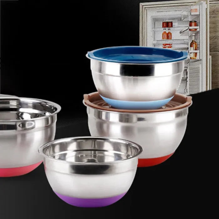 Stainless Steel Mixing Bowl with Lid and Non-Slip Silicone Base – Baking and Food Storage Bowl