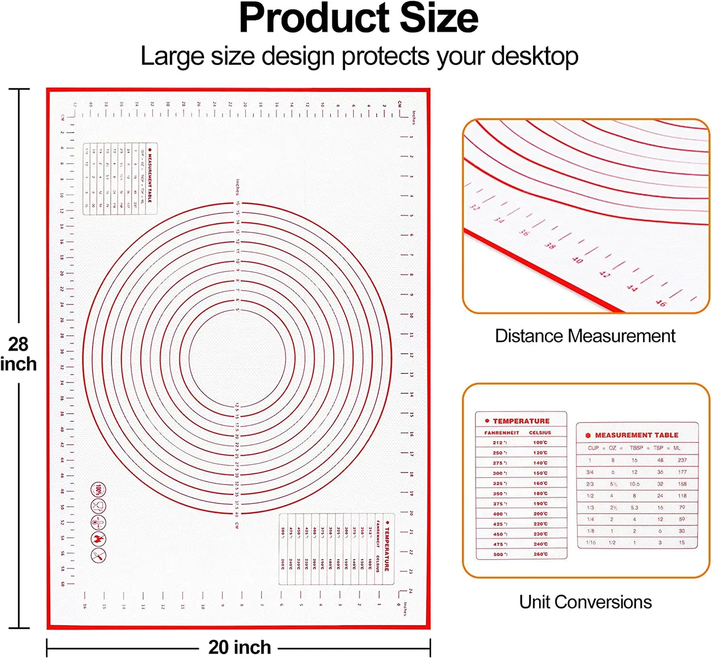 Non-Stick Silicone Baking & Kneading Mat – Reusable Pastry Mat with Measurement Guide