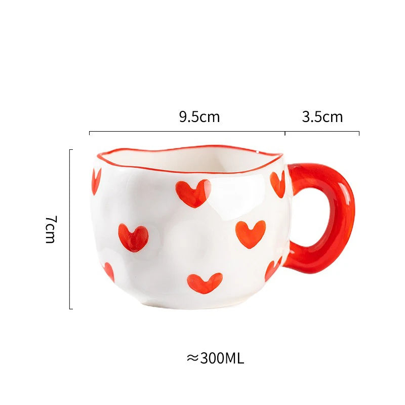 300ml Cute Ceramic Mug – Hand-Pinched Heart & Flower Pattern Coffee & Tea Cup